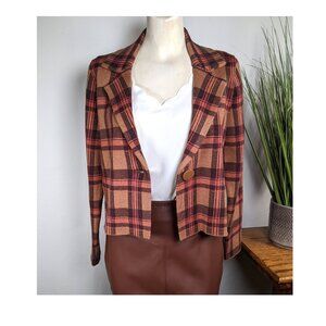 TAHARI Burnt Orange Plaid Semi Crop Cropped Sweater Blazer Jacket Wm Sz S NWOT